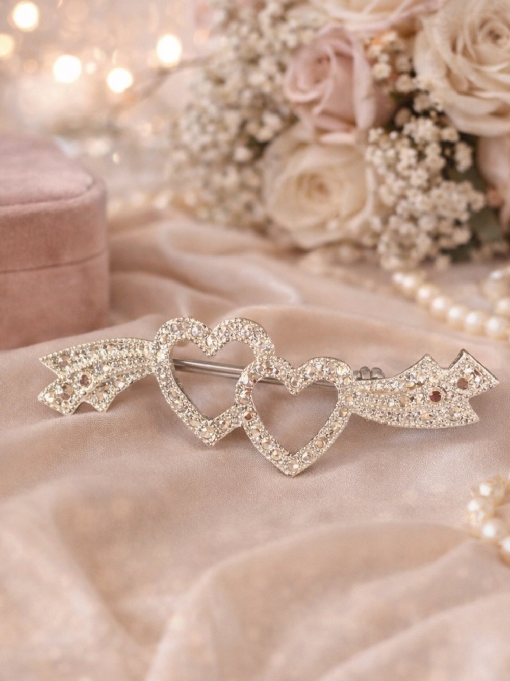 Vintage Rhinestone Double Heart Brooch Silver Tone Sparkly Bar Pin Romantic Y2K